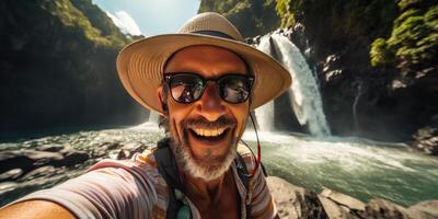 AI generated old man in a hat takes a selfie in nature. Travel theme. Generative AI photo