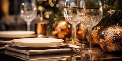 AI generated Table setting for New Year's party, Christmas beautiful table, decorations. Generative AI photo