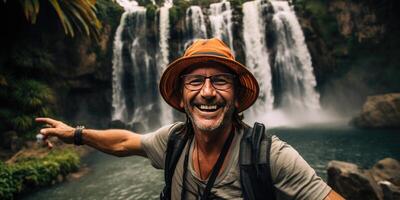 ai generado contento hombre turista, tema de viaje y recreación. generativo ai foto