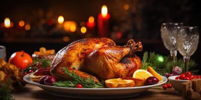 AI generated Christmas baked turkey on New Year's beautiful holiday table, buffet concept. Generative AI photo