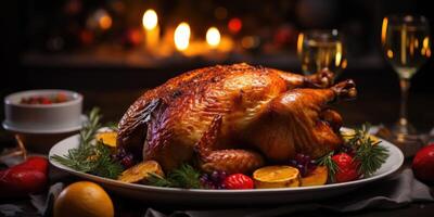 AI generated Christmas baked turkey on New Year's beautiful holiday table, buffet concept. Generative AI photo