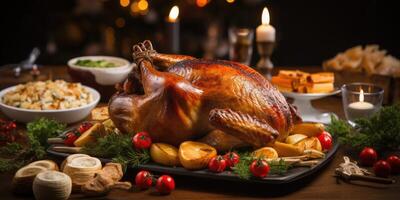 AI generated Christmas baked turkey on New Year's beautiful holiday table, buffet concept. Generative AI photo