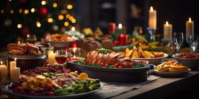 ai generado Navidad mesa, con un borroso Navidad árbol en el antecedentes. un montón de comida platos.generativos ai foto