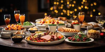 ai generado Navidad mesa, con un borroso Navidad árbol en el antecedentes. un montón de comida platos.generativos ai foto