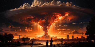 AI generated A man looks at a nuclear explosion and a mushroom cloud. Generative AI photo