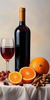 AI generated Vertical photograph with wine and oranges on a light background. Generative AI photo