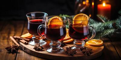 ai generado fragante caliente reflexionado vino, naranja con especias en un rústico pararse, Navidad atmósfera. generativo ai foto
