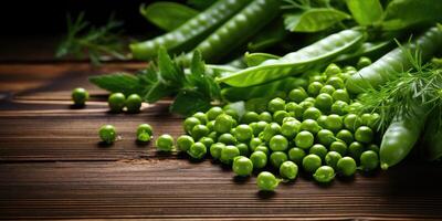 ai generado vainas de verde chícharos y hierbas en un de madera mesa, vegetariano alimento. generativo ai foto