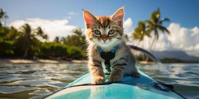 AI generated funny happy kitten goes surfing on summer vacation. Generative AI photo