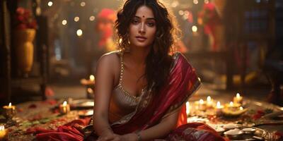 AI generated Rich Indian woman in a sari. Festive Diwali, Design with lamp, golden lights, Generative AI photo