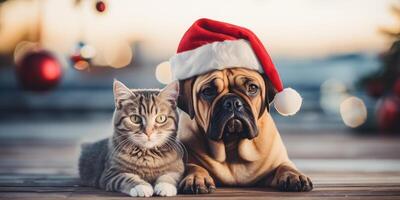 AI generated cute tabby cat and dog in Christmas hat on a light background. Generative AI photo