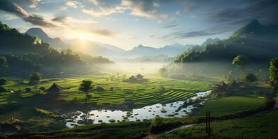 ai generado encantador chino aterrazado arroz campo durante cosecha estación. niebla en el Mañana. generativo ai foto