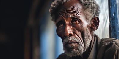 ai generado retrato de un triste mayor africano hombre quien mira fuera el ventana. generativo ai foto