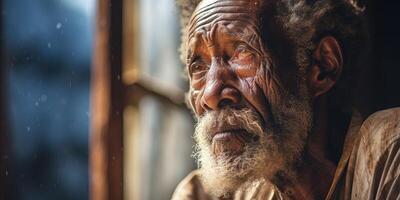 ai generado retrato de un triste mayor africano hombre quien mira fuera el ventana. generativo ai foto