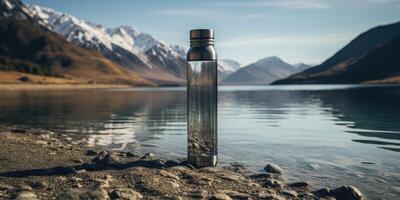 AI generated Glass bottle for water or drinks on a beautiful mountain landscape. Generative AI photo