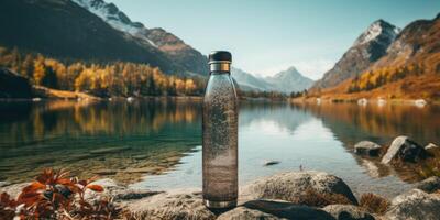 AI generated Glass bottle for water or drinks on a beautiful mountain landscape. Generative AI photo