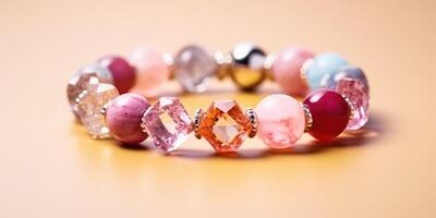 AI generated Beautiful simple bracelet of various pink stones on peach background. Generative AI photo