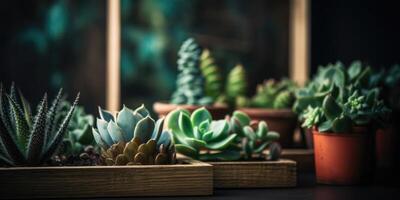 AI generated Beautiful different succulents on wooden table in the garden. Generative AI photo