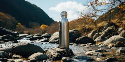 AI generated Steel eco-thermal bottle against the background of a river in the mountains. Generative AI photo