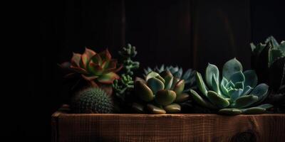 AI generated Beautiful different succulents on wooden table in the garden. Generative AI photo