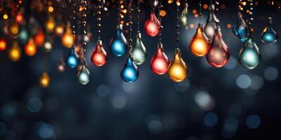 AI generated Multi-colored Christmas garlands with bokeh lights on a dark background. Generative AI photo