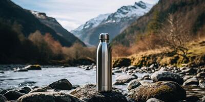 AI generated Steel eco-thermal bottle against the background of a river in the mountains. Generative AI photo