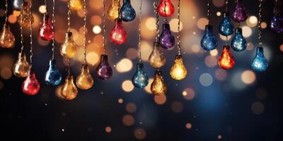 AI generated Multi-colored Christmas garlands with bokeh lights on a dark background. Generative AI photo