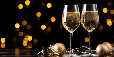 AI generated Two glasses of champagne with confetti, serpentine on a dark background with bokeh, Generative AI photo