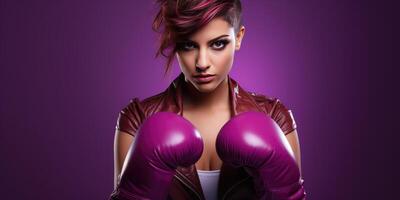 AI generated Woman in boxing gloves on a purple background, strong woman. Generative AI photo