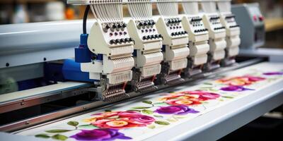 AI generated Digital textile industry, automatic embroidery machine in a factory. Generative AI photo