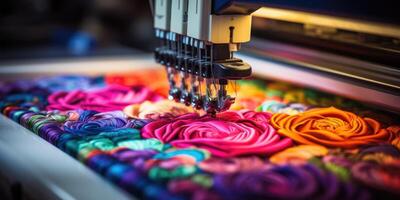 AI generated Beautiful multi-colored bright machine embroidery. Digital textile industry. Generative AI photo