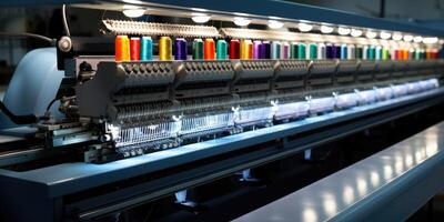 ai generado digital textil industria, automático bordado máquina en un fábrica. generativo ai foto