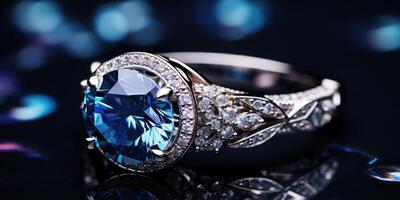 AI generated Gorgeous beautiful ring with blue sapphire and diamonds on a dark background. Generative AI photo