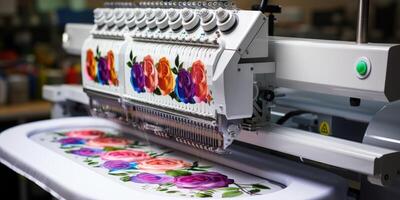 AI generated Digital textile industry, automatic embroidery machine in a factory. Generative AI photo