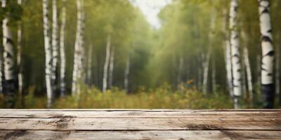 AI generated Wooden table with copy space against a background of beautiful birch trees. Generative AI photo