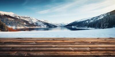 AI generated winter mountain landscape with a lake on the background of a wooden table, copy space. Generative AI photo