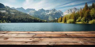 ai generado vacío de madera mesa en contra el fondo de un verano montaña lago, Copiar espacio. generativo ai foto