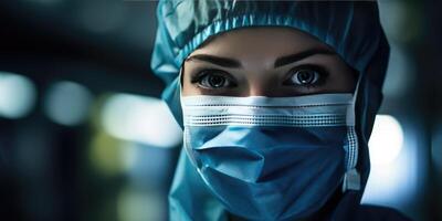 AI generated Close-up of a beautiful young woman in a medical mask. Generative AI photo