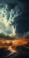 AI generated Tornado at sunset, hurricane close-up. Silent disaster concept. Generative AI photo