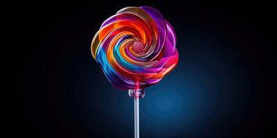 AI generated colorful Lollipop on black background, rainbow, sweet candy. Generative AI photo