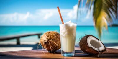 ai generado cóctel en el playa o océano. bebida con hielo y Coco. generativo ai foto