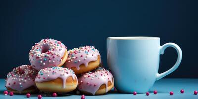 ai generado café o cacao en un azul jarra en un azul antecedentes con donas, espacio para texto. generativo ai foto