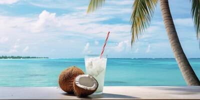 ai generado cóctel en el playa o océano. bebida con hielo y Coco. generativo ai foto