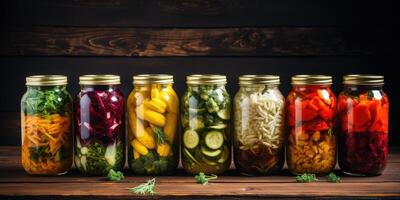 AI generated Home canning for the winter. Glass jars with vegetables and spices. Healthy food. Generative AI photo
