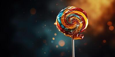 AI generated colorful Lollipop on black background, rainbow, sweet candy. Generative AI photo