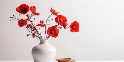 AI generated Bouquet of red poppy flowers in a white vase on a light background. Generative AI photo