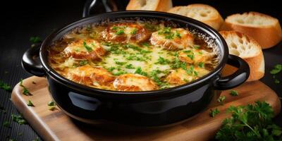 AI generated Traditional French onion soup in a black plate with a cheese crust and bread. Generative AI photo