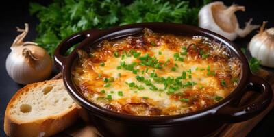 AI generated Traditional French onion soup in a black plate with a cheese crust and bread. Generative AI photo