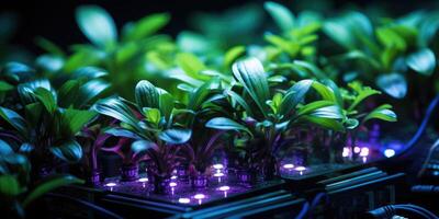 AI generated Small plant on a computer board. Green development concept theme. Generative AI photo