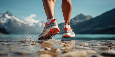 ai generado un atleta trota cerca un lago en contra el fondo de un montaña paisaje, generativo ai foto